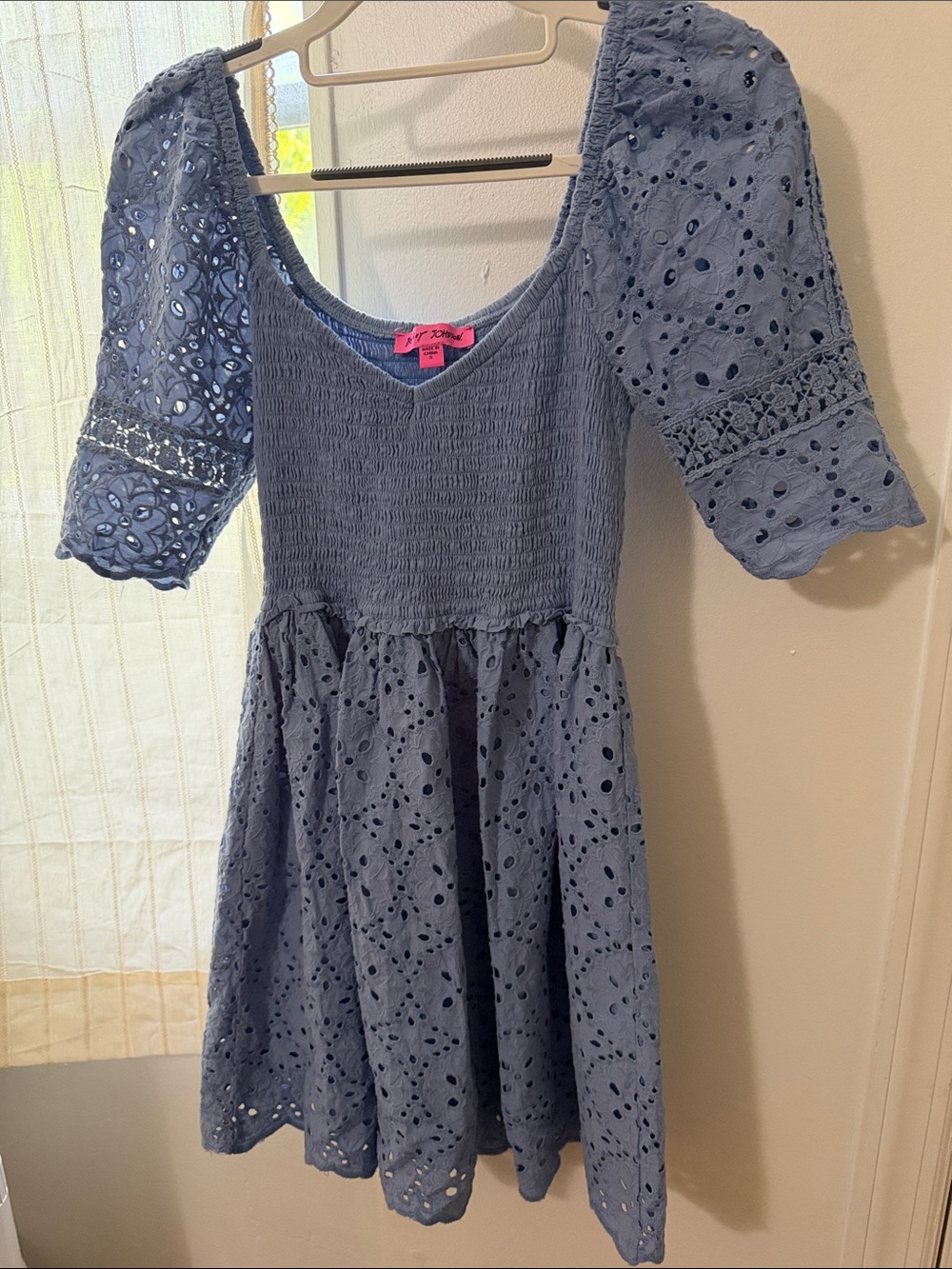 Betsey Johnson Blue Eyelet Puff-Sleeve Dress